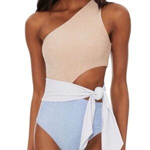 Beach Riot Carlie One Piece Frostbeach One-Shoulder Tan and Blue One Piece